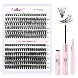 FADLASH DIY Lash Extension Kit Individual Lashes Cluster D Curl Eyelash Extension Kit with Lash Bond and Seal and Lash Applicator Tool for Self Application at Home (30D+40D-0.07D-8-16MIX KIT)