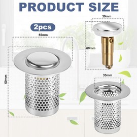 ADERTOS Pack of 2 Drain Filter Sink Plug Stainless Steel Sink Plug Pop Up Drain Plug for Pressing Drain Valve with Anti Clogging Strainer Drain Strainer for 34-38 mm Drain Hole
