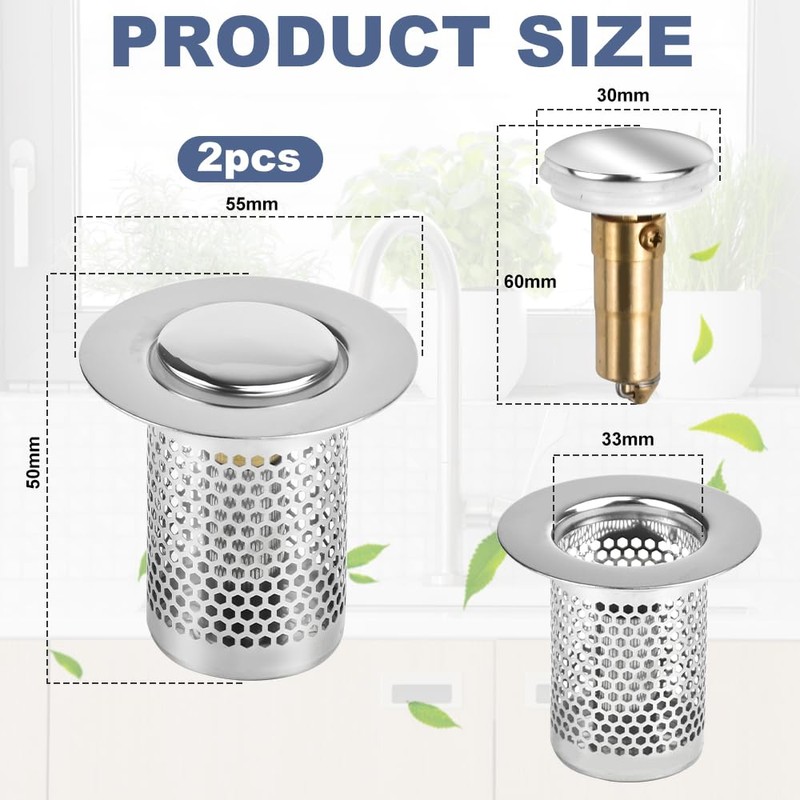 ADERTOS Pack of 2 Drain Filter Sink Plug Stainless Steel