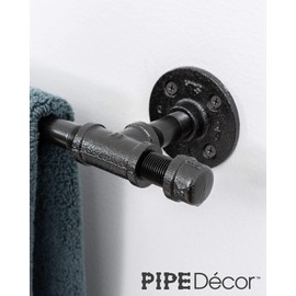 Industrial Pipe Towel Bar Fixture Set by Pipe Decor | Wall Mounted DIY Style, Heavy Duty Rustic Iron, Black Electroplated Rust Free Finish With Mounting Hardware For Kitchen Or Bath Hanging, 18 Inches
