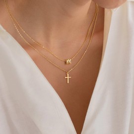 Turandoss Layered Necklaces for Women - Bubble Letter Necklace M Gold, Gold Cross Necklace for Women, Dainty Initial Necklace Cute, Gold Necklace for Women, Small Cross Necklace, Jewelry Gifts