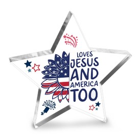 4th Of July Patriotic Decorations American Flag Desk Decor Memorial Day Gifts With Red White And Blue Usa Flag Stars Acrylic Sign Christian Gifts Love Jesus And America Too