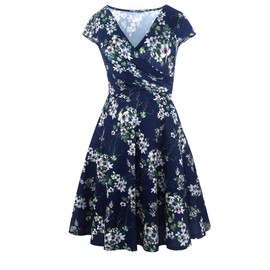 oxiuly Women's Criss-Cross V-Neck Cap Half Sleeve Floral Casual Work Party Tea Swing Dress OX233 (L, Blue Green F)