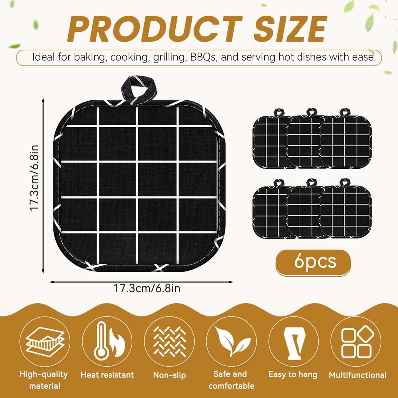 6 PCS kitchen pot holders, Black checkered pot holders for