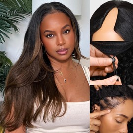 Sunber V Part Wig Human Hair Yaki Straight Ombre Brown Upgrade U Part Wig with Dark Roots Glueless No Leave Out No Gel No Lace V Shape Clip Wig for Women Ready to Go Wig Chestnut Brown 20Inch