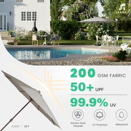 JEAREY 12' LED Lighted Patio Umbrellas Outdoor Solar Table Market Umbrella w/Crank, 8 Sturdy Ribs, UV Protection Waterproof Sunproof(Pale Gray)