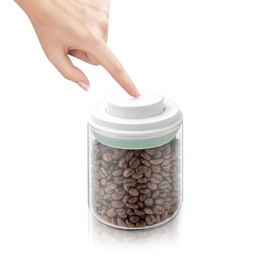 fecoqi POP-UP Lid Glass Airtight-Jar Lid,Clear Circle Glass Storage Canister(0.43qt / 14oz)，Press-type seal cover with spoon，for Kitchen Pantry Organization Milk Powder、Coffee 、Candy、Noodles Nuts
