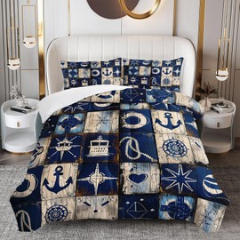 OUIXOTIC Nautical Comforter Set Full Size, Blue Vintage Plank Bedding Set 3pcs for Kids Adults Room Decor, Lightweight Ocean-Themed Comforter with 2 Pillowcases