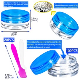 MotBach 100 Pcs 3g Empty Plastic Containers with Lids,Tiny Makeup Sample Containers, Small Pot Jars Blue Round Cosmetic Jars with 20 Pcs Mini Spatulas for Liquid Sample Powder Creams (Blue Lid)