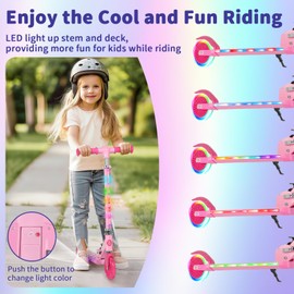 BELEEV Scooters for Kids with Light-Up Wheels & Stem & Deck, 2 Wheel Folding Scooter for Girls Boys, 3 Adjustable Height, Kick Scooter with Kickstand for Children Ages 3-12 (Pink)