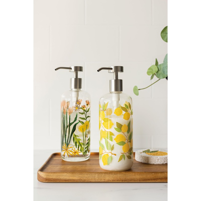 Now Designs Lemons Glass Soap Dispenser with Stainless Steel Pump,