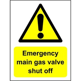 EMERGENCY MAIN GAS VALVE SHUT OFF SIGN - 1.2mm rigid plastic 150mm x 200mm