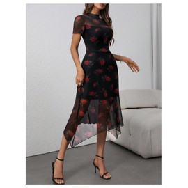 Floerns Women's Floral Mesh Short Sleeve Asymmetrical Hem Flared A Line Dress Black Ink Large