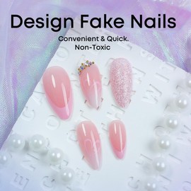 24 Pcs Pink Press on Nails Short Almond - YEFIUO Bling Nail Tips Acrylic Nail Kit Nail Art Fake Nails Press ons with Rhinestones French Design Full Cover Glitter False Nails Glue on Nails for Wome