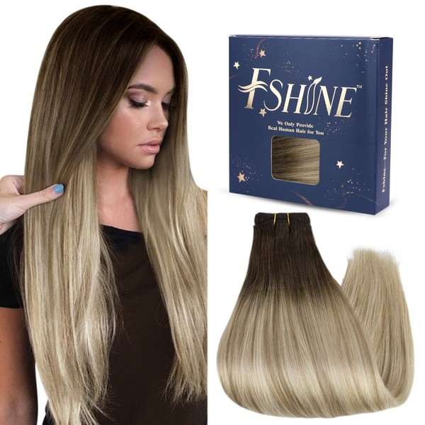 Fshine Real Hair Extensions 45 cm 100 g Extensions Brown Fading to Ash Blonde and Platinum Blonde Extensions Real Hair Wefts Straight Hair Extensions Bundles Extensions Real Hair Wefts