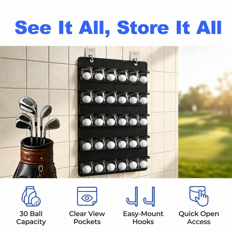 Golf Ball Holder Display for Wall, Hanging Organizer Set with