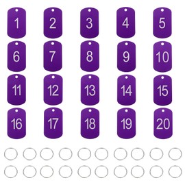 PATIKIL 20PCS Number Tags 1-20, Table Number Key Tags Aluminum Numbered Keychain Metal Rectangle with Key Rings for Organizer Field Sales Hangers Clothes Labels ID, Purple