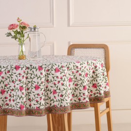 DecorAvenue Hand Block Printed Cotton Tablecloth – Elegant Floral Design, Soft & Durable, Perfect for Dining Table, Kitchen, Parties & Home Decor (Rosy Elegance, 10 Seater 108 Inches Round)