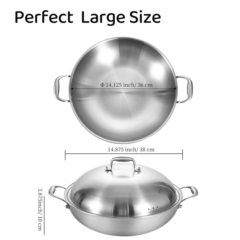14.5 Inch Stainless Steel Wok with Steel Lid | Jumbo