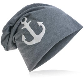 Miobo Jersey Slouch Beanie with Anchor Style, Men Women, One Size, White anchor dark grey