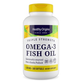 Healthy Origins Aceite de pescado Omega 3 de triple potencia (1250 mg) de abadejo de Alaska, con DHA, EPA y Omega 3, sin gluten ni OMG, 180 cápsulas blandas