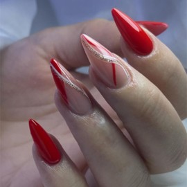 Press on Nails Medium Almond Shaped False Nails Artificial Acrylic Nails Gold Foil Stripe Design Red French Fake Nails 24Pcs Full Cover Glossy Reusable Coffin Nails Glue on Nails for Women Supplies