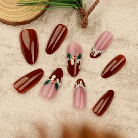 24pcs Christmas False Nails Short Almond Press on nails, Pure Red, Melting Snow and Christmas Fake Nails Gift, Stick on Nails Acrylic Full Nail Tips