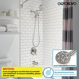 gotonovo Tub Shower Faucet Set,2 in 1 Dual Shower Head and Handle Set with Tub Spout Wall Mount Bathroom Shower Trim Kit with 3-way Water Diverter Valve Included Various Modes Brushed Nickel