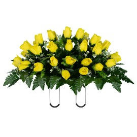 Sympathy Silks 30" Headstone Flower Saddle Artificial Cemetery Flowers - Gravesite Flowers - Yellow Roses