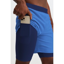 Fabletics Men's The Fundamental Short (Lined), Workout, Running, Training, Gym, Yoga, Ultra Lightweight, Athletic, 7" Inseam, L, Classic Indigo/Deep Navy