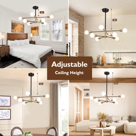 Sheetea 8-Light Sputnik Chandelier, Black and Gold Chandeliers Pendant Lighting, Modern Farmhouse Dinning Room Light Fixture Mid Century Brass, Height Adjustable for Living Room Kitchen Island