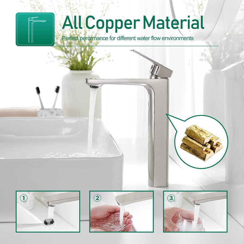 VOTON Brushed Nickel Vessel Sink Faucet Single Handle Tall Bathroom