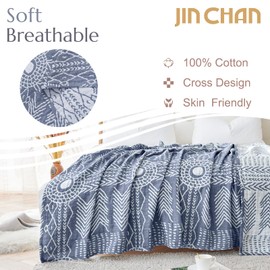 jinchan Boho 100% Cotton Muslin Blanket 3-Layer Queen Size 80x90 Inches Geometric Blue Lightweight Reversible Soft Cozy Comfy Throw for Couch Sofa Bed Coverlet Quilt Large Blanket Bedroom All Seasons