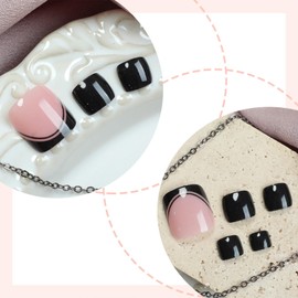 24 Pcs Black Press on Toenails Short Square Fake Nails with French Tip Line Pattern Design Summer Acrylic Pink False Toe Nails Artificial Glossy Stick on Nails Full Cover Glue on Nails for Women