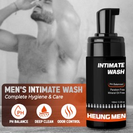 HEUNGMEN Intimate Wash for Men with Green Tea Oil, Orange Oil | pH Balanced Foaming Hygiene Wash | Prevents Itching, Irritation & Bad Odor | 3.38 fl. oz.