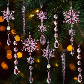 18pcs Crystal Christmas Ornaments for Christmas Tree Decorations-Light Pink Hanging Acrylic Snowflake and Icicle Ornaments with Drop Pendants for Christmas Tree New Year Party Decorations Supplies