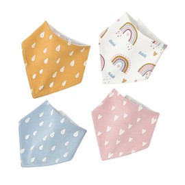 MARBEINE Baby Bib, Set of 4, Baby Bib, 100% Cotton, Triangular Bib Waterproof, Allover Pattern, Animal Pattern, Boys and Girls, Bandana, Meal Apron, Kindergarten, Nursery, Cute, Soft, rainbow
