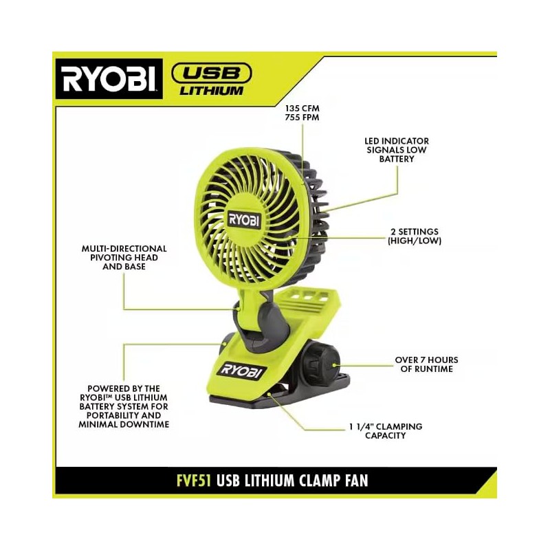 RYOBI - USB Lithium Clamp Fan Kit with 2.0 Ah