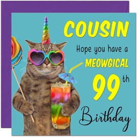 99th Cousin Birthday Card - Meowgical Cat Funny Birthday Card for 99 Year old Ninety Nine, ninety ninth