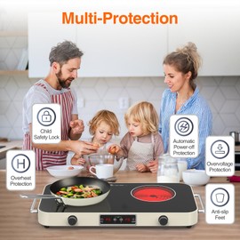 GIHETKUT Electric Cooktop, 2200W 110V Electric burner, Electric Stove Top with 2 Handle, 2 Burner Electric Cooktop with 9 Power Settings,Knob Control Child Safety Lock & Timer.