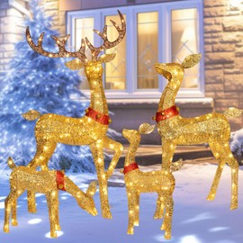 Outdoor Christmas Decorations Reindeer Family - Light Up Deer 4 Set with 245 LED Lights - Outside Yard Decor Kit Including Lighted 4-Piece Deer, Stakes - Gold