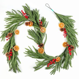 6FT Christmas Norfolk Pine Garland Realistic Artificial Green Norfolk Pine Garland with Red Berry Pinecones and Orange Slices for Mantle Stairs Table Fireplace Indoor Outdoor Xmas Decor