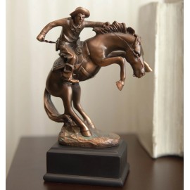 Ebros Rustic Western Rodeo Cowboy W/ Rearing Horse Bronze Electroplated Figurine