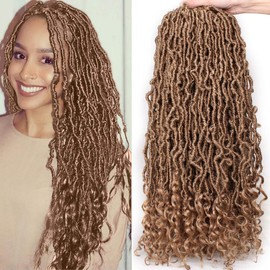 Leeven 24 Inch Pre-looped Goddess Locs Crochet Hair 7 Packs Brown Curly Wavy New Faux Locs Twist Braiding Hair Long Synthetic Soft Locs Crochet Braids Hair With Curls At The Ends 12 Strands/Pack (27#)