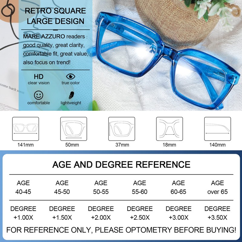 MARE AZZURO Oversized Reading Glasses Women Retro Square Readers 100