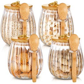 Pinkunn Set of 4 Glass Stripe Jar Glass with Bamboo Spoons 20 Fl oz Overnight Oats Containers with Lids Coffee Sugar Container Set for Decorative Jar with Lid Kitchen Food Storage Coffee Tea Sugar