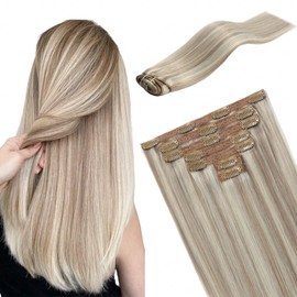 FUBILI Ash Blonde Mix Clip in Human Hair Extensions - Bleach Blonde Highlights, Remy Hair for Women, Lace Weft Straight Hair, 7pcs, 120g, 16 Inch