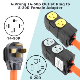 50 Amp to 20 Amp 110V RV Distribution Adapter, NEMA 14-50P to 4 X 5-20R/15R RV Generator Adapter 4-Prong to Multiple Household Outlet w/ 20amp Circuit Breaker, 1.5FT RV Generator Distribution Cord