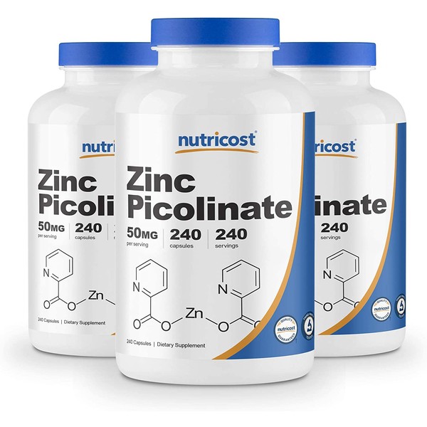 Nutricost Zinc Picolinate 50mg, 240 Veggie Capsules (3 Bottles) - Gluten Free and Non-GMO