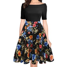 oxiuly Women's Vintage Off Shoulder Pockets Casual Floral A-Line Party Dress 232 (L, Black)